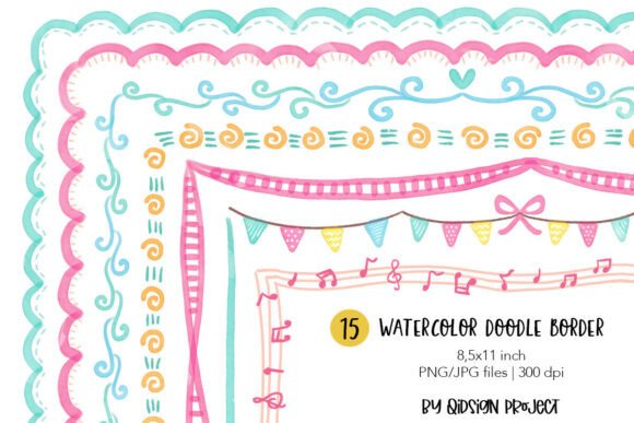 Download 15 Watercolor Doodle Border PNG JPG – Cu - Border Collection